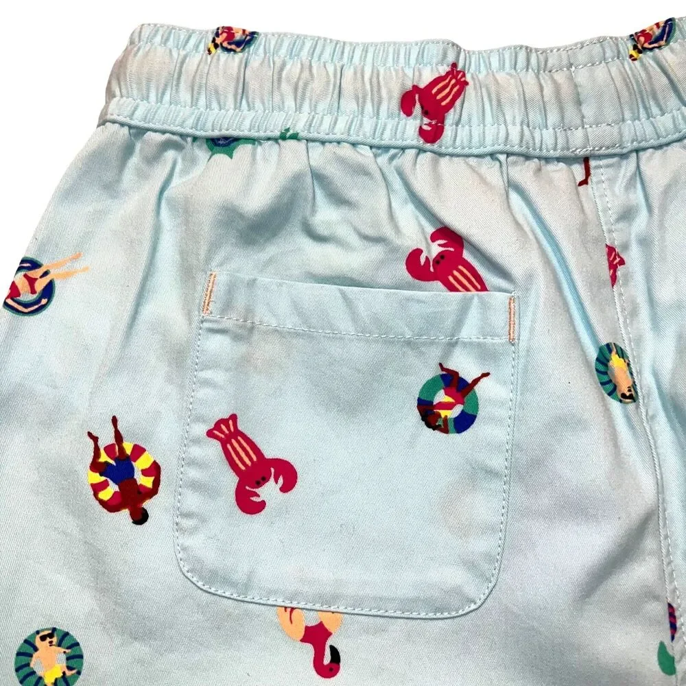 Lands End Girls Swim Shorts Beach Print Cotton Summer Light Blue Medium